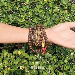 Antique Buddhist 108 prayer beads wood mala necklace old vintage rosary gold sym