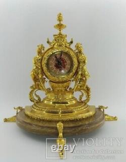 Antique Clock Desk Watch Bronze Art Lady Mechanical Brass Marble Rare Old 20th