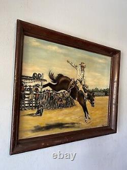 Antique Cowboy Western Horse Rodeo Oil Painting Old Vintage Wild Pony Landscape