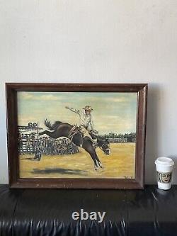 Antique Cowboy Western Horse Rodeo Oil Painting Old Vintage Wild Pony Landscape