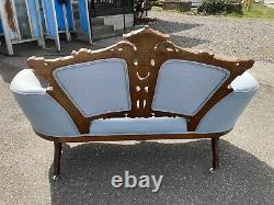 Antique Eastlake Victorian Parlor Settee Sofa Couch Carved Blue 1800s Ornate Old