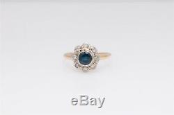 Antique Edwardian 1.25ct Natural Blue Sapphire Old Euro Diamond 14k Gold Ring