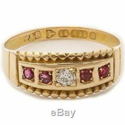 Antique Estate Solid 14k Yellow Gold 0.11ct Old Mine Diamond & Ruby Ring