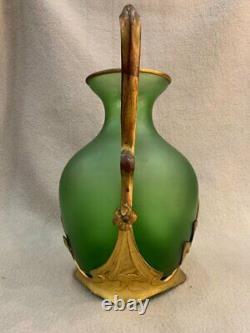 Antique Green Glass Bronze Art Nouveau Vase Frame Golden Handle Rare Old 19th