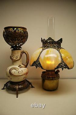 Antique Gwtw Old Victorian Slag Glass Chinese Japanese Dragon Oil Kerosene Lamp