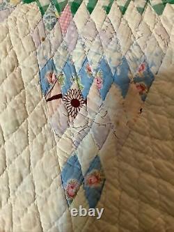 Antique Handmade Quilt With Wonderful Old Vintage Fabric 8 Point Star Design