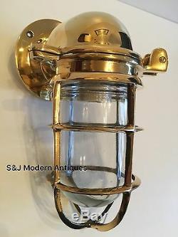 Antique Industrial Wall Light Vintage Cage Bulkhead Gold Brass Ship Lamp Old