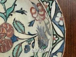 Antique Iznik Ceramic Dish Floral Decoration Emerald Tulips Poppy Oxide Old 17th