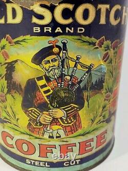 Antique OLD SCOTCH vintage COFFEE TIN Can c1920s PAPER LABEL Bagpiper