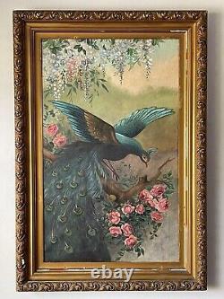 Antique Peacock Impressionist Oil Painting Old Vintage Landscape Bird Roses 1930