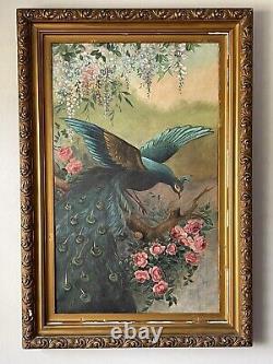 Antique Peacock Impressionist Oil Painting Old Vintage Landscape Bird Roses 1930