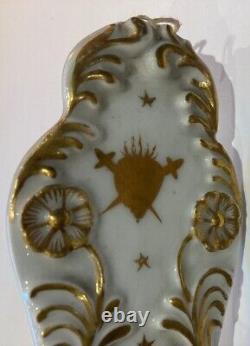 Antique Porcelain Stoup Flaming Heart Decor Old Paris Golden Floral Rare 19th