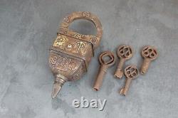 Antique Tricky Padlock Old Vintage Iron Brass Fitted Indian Puzzle Lock 4 Key