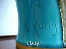 Antique Victor Yung Pair Enamelled Vases Earthenware Sèvres Iris Signed Old19th