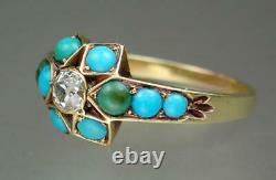 Antique Victorian 15K Gold Old Mine Cut Diamond Turquoise Floral Star Ring S 6.5