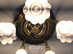 Antique ceiling mount 5 drop Light fixture withold glass shades -restored rewired