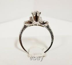 Art Deco Platinum Old Mine Cut Diamonds Hand Etched Crown Ring 0.76 ctw 4.9 g