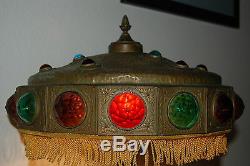 Art Nouveau Deco Antique Old Jeweled Glass Arts And Crafts Vintage Table Lamp