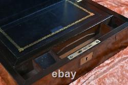 Fabulous Old Antique Wood Writing Desk with Inkwells 14 x 9 x 5-1/8 Inches & Key