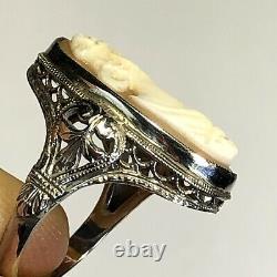 Filigree Cameo Ring Antique Old Vintage Hand Carved Cameo 14K White Gold B064