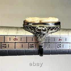 Filigree Cameo Ring Antique Old Vintage Hand Carved Cameo 14K White Gold B064