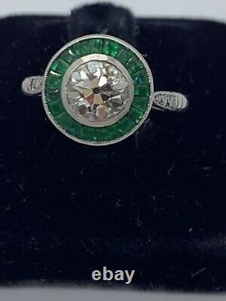 GORGEOUS VINTAGE Art Deco Platium Old Mind Cut Diamond &Emerald Engagement Ring