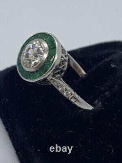 GORGEOUS VINTAGE Art Deco Platium Old Mind Cut Diamond &Emerald Engagement Ring