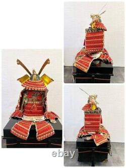 Japanese Old Vintage Samurai yoroi red Armor Helmet Set From Japan