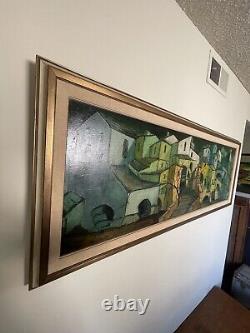 LARGE ANTIQUE MID CENTURY MODERN CUBISM CITYSCAPE OIL PAINTING OLD VINTAGE 1960s