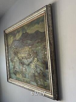 Large Antique MID Century Modern Abstract Landscape Oil Painting Old Vintage'59