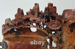 Large Antique Old Vintage Chinese Carved Soapstone Brush Pot Signed