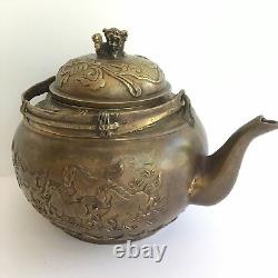 Large Old Chinese Brass Teapot Kettle, Vintage Antique Marked Handwork