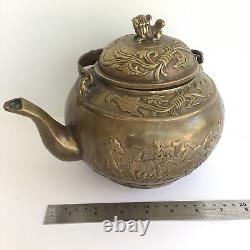 Large Old Chinese Brass Teapot Kettle, Vintage Antique Marked Handwork