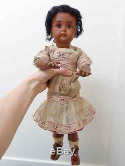 Lovely antique black doll mulatto doll brown bisque original old dress earrings