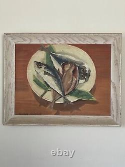 OLD VINTAGE ANTIQUE JAPANESE MODERN ABSTRACT FISH OIL PAINTING AKIRA KOIKE 1960s