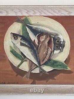 OLD VINTAGE ANTIQUE JAPANESE MODERN ABSTRACT FISH OIL PAINTING AKIRA KOIKE 1960s
