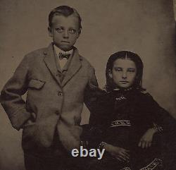 OLD VINTAGE ANTIQUE TINTYPE PHOTO of HANDSOME YOUNG BOY & GIRL BROTHER & SISTER