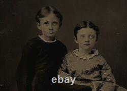 OLD VINTAGE ANTIQUE TINTYPE PHOTO of PRETTY CUTE YOUNG GIRLS with SHORT GIRL HAIR