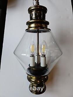 Old 1930's Tudor Brass Finished MOE Lantern Light Pendant with Clear Glass Shade