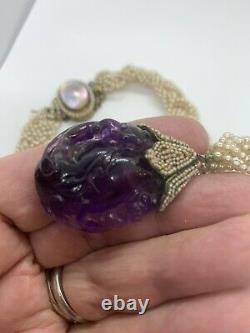 Old Antique Georgian Seed Pearl Rope Choker Carved Amethyst Pendant Pearl Clasp