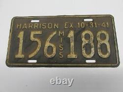 Old Antique Vintage Mississippi License Plate Car Tag 1941 Harrison County