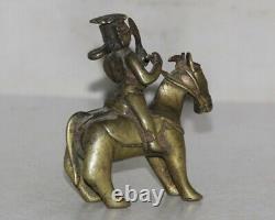 Old Brass Fine Handcrafted Mounted Man On Horse Figurine, Rich Patina 8776