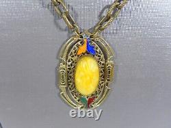 Old Czech Max Neiger Era Marbled Yellow Czech Glass Hand Enameled Brass Necklace
