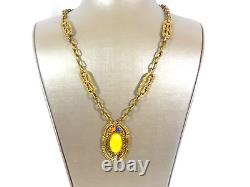 Old Czech Max Neiger Era Marbled Yellow Czech Glass Hand Enameled Brass Necklace
