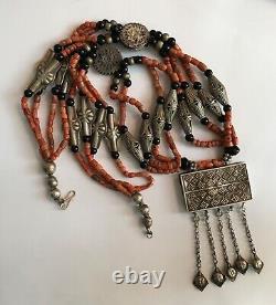 Old Tajik Wedding Necklace With Natural Salmon Coral, Black Onyx Beads 34