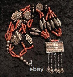 Old Tajik Wedding Necklace With Natural Salmon Coral, Black Onyx Beads 34