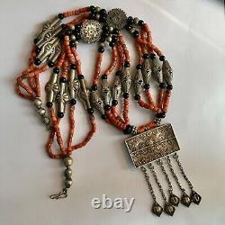 Old Tajik Wedding Necklace With Natural Salmon Coral, Black Onyx Beads 34