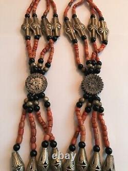 Old Tajik Wedding Necklace With Natural Salmon Coral, Black Onyx Beads 34