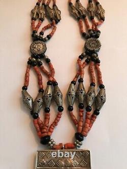 Old Tajik Wedding Necklace With Natural Salmon Coral, Black Onyx Beads 34