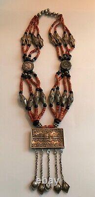 Old Tajik Wedding Necklace With Natural Salmon Coral, Black Onyx Beads 34